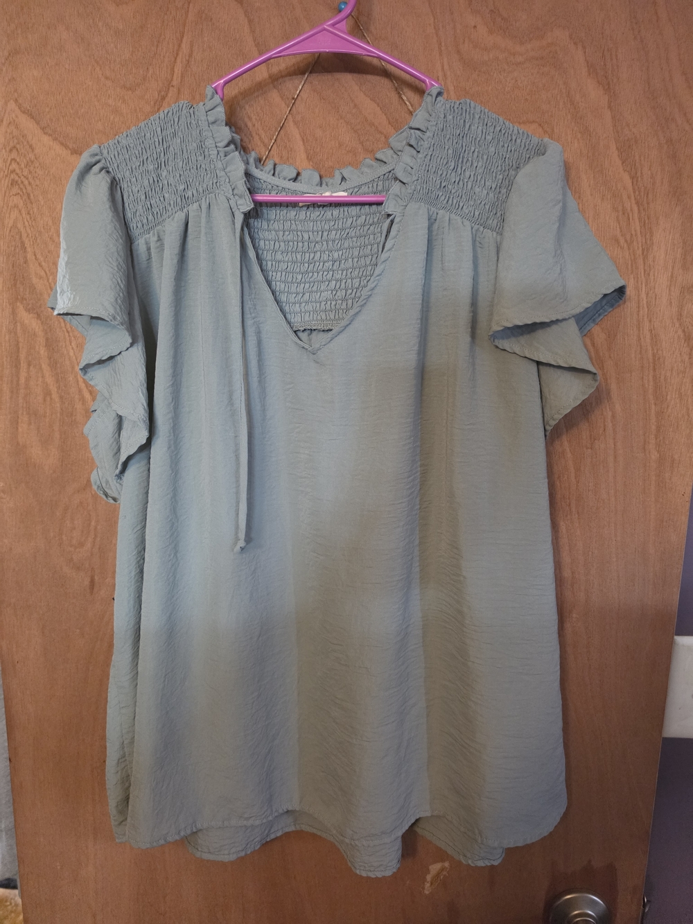 Maurices Sage Green Smocked V-Neck Ruffle Sleeve Blouse